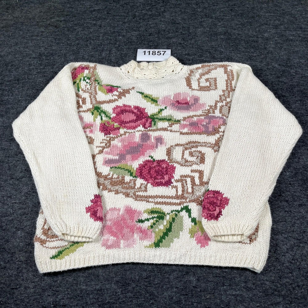 Studio Collection Vintage Floral Knit Sweater Cream Pink Ramie Cotton Small